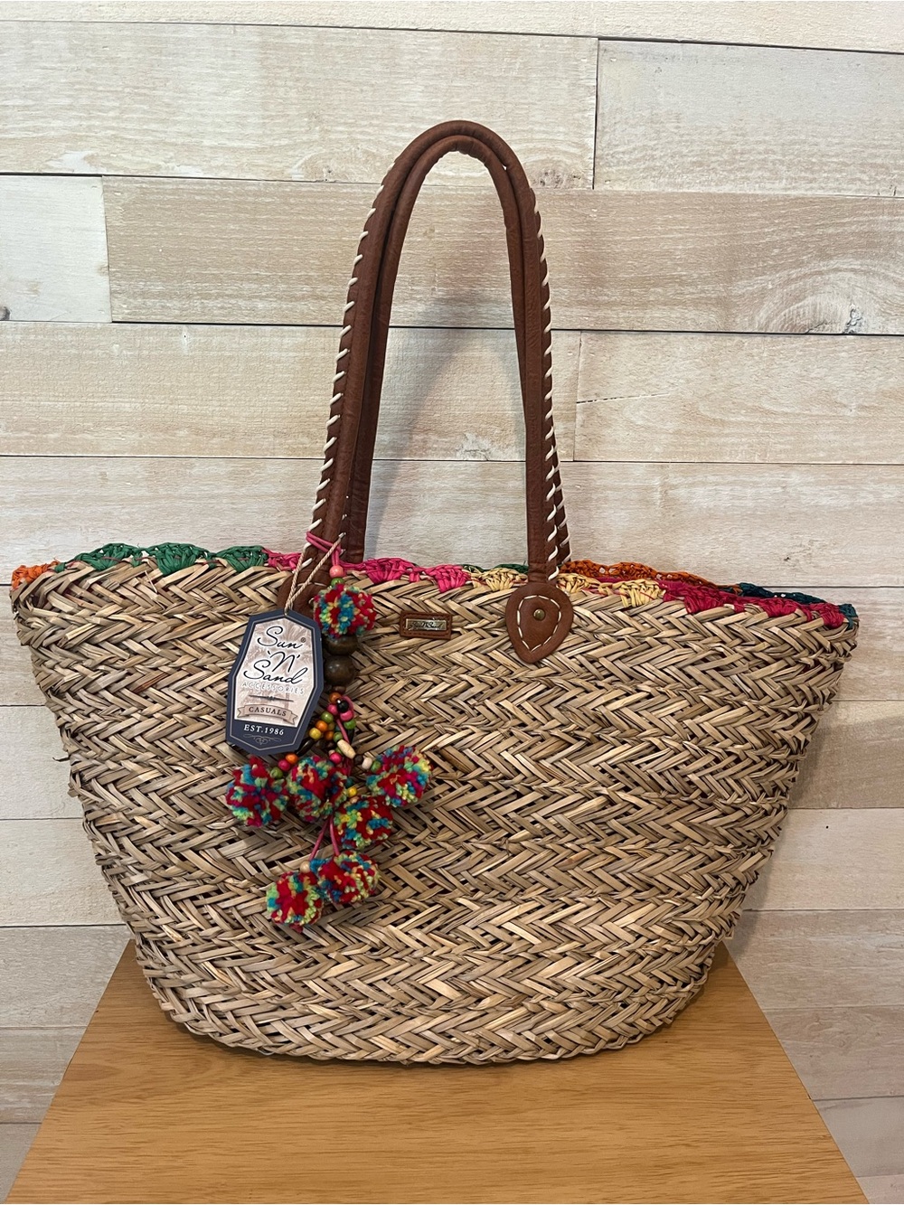 Sun N' Sand Multicolor Trim Woven Straw Tote with Brown Handles-XL